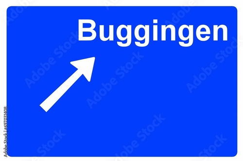 Illustration eines Autobahn-Ausfahrtschildes mit der Beschriftung "Buggingen"  © Pixel62