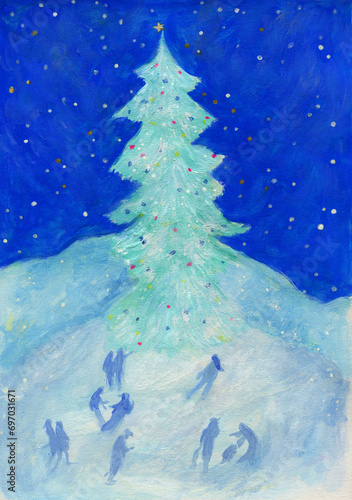 Christmas tree and ice rink. watercolor painting. illustration