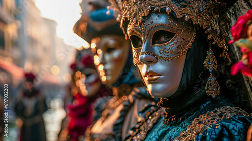 Carnival Masked People Standing on St. Mark's Square in Venice in the Morning Mist with Mask Wallpaper Background Cover Magazine Backdrop Digital Art Brainstorming © Korea Saii