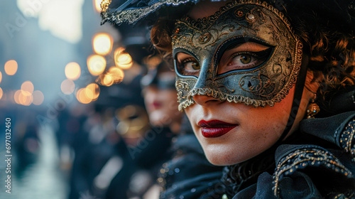 Carnival Masked People Standing on St. Mark's Square in Venice in the Morning Mist with Mask Wallpaper Background Cover Magazine Backdrop Digital Art Brainstorming