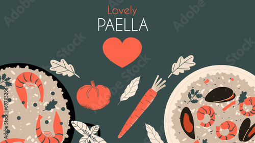 Spanish Paella background. Tasty food banner. Vector illustration.
