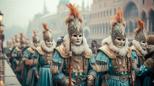 Carnival Masked People Standing on St. Mark's Square in Venice in the Morning Mist with Mask Wallpaper Background Cover Magazine Backdrop Digital Art Brainstorming © Korea Saii