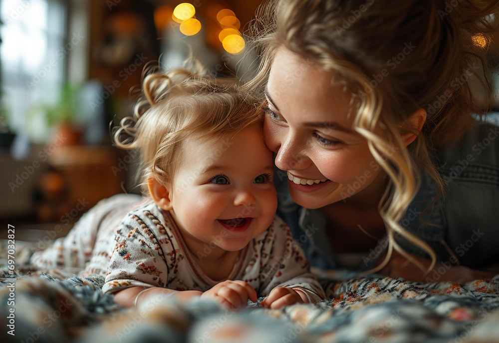 Obraz premium Side view of mother playing with laughing baby girl lying on her knees spending time at home