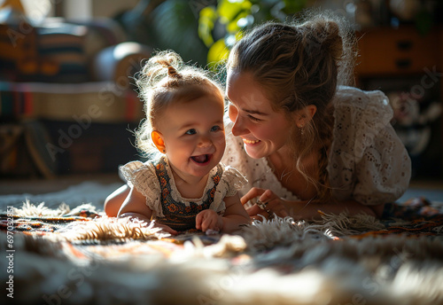 Side view of mother playing with laughing baby girl lying on her knees spending time at home