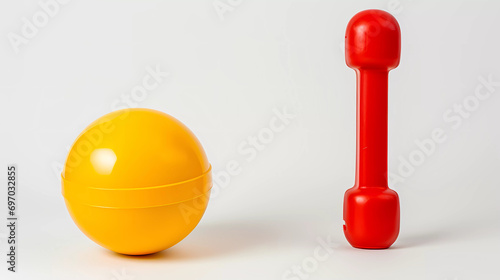 A red and yellow object with a yellow handle on a white background with a white background and a red object with a yellow handle on a white background; arte povera, a stock photo, Aquirax Uno, toy photo