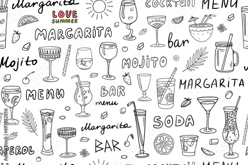 Seamless pattern of acoholic and non-acoholic cocktails with ice cubes, mint, fruits, straw and lettering. Good for bar menu design, packaging. Vector illustration. Hand drawn. Doodle style