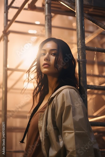 a woman is standing in an industrial structure