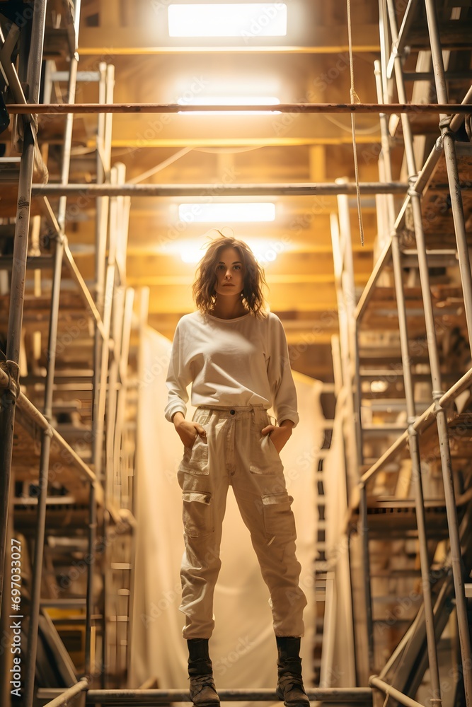 a woman is standing in an industrial structure