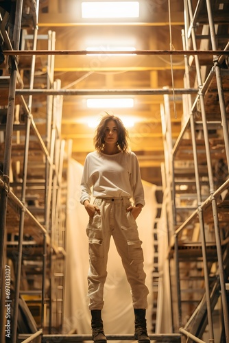 a woman is standing in an industrial structure