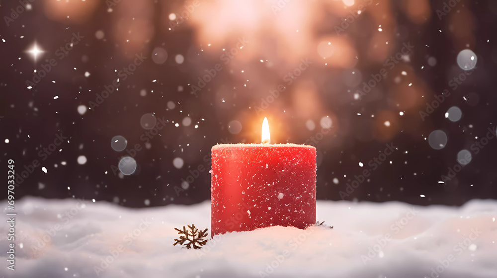 A single red candle is lit in the snow with a blurry background of trees and snow flakes A single red candle is lit in the snow with a blurry background of trees and snow flakes