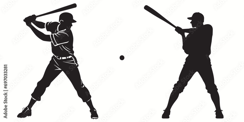 Baseball silhouettes and icons. Black flat color simple elegant white background Baseball sports vector and illustration. - obrazy, fototapety, plakaty 