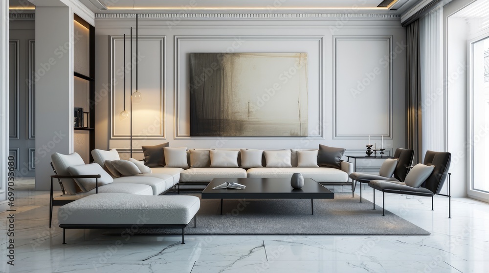 Fototapeta premium Modern interior design backdrop with minimalist decor, sleek furniture