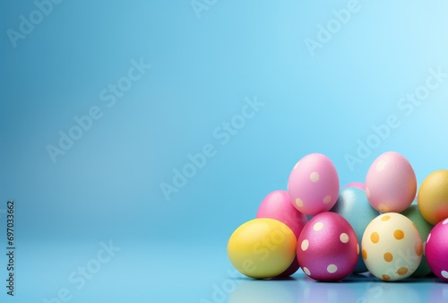 colorful easter eggs in nest on blue background easter