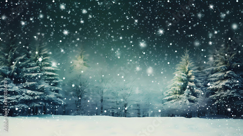 A snowy scene with trees and snow falling down on them and a green background with white snowflakes