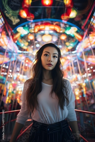 beautiful woman in front of the ferris wheel