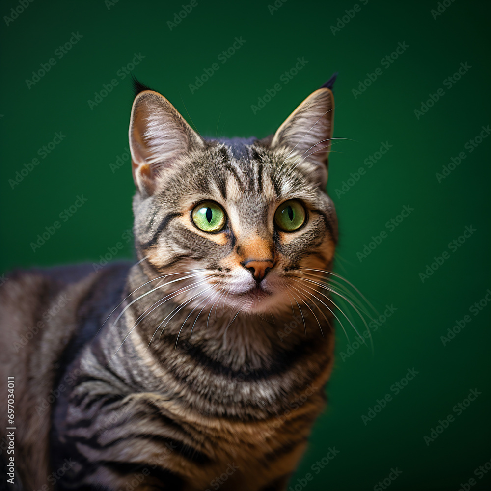 Striped cat with green eyes against a green background