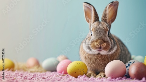 easter holiday background with cute bunny, colorful eggs