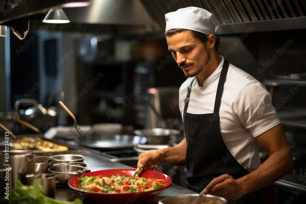 The chef fills the salad with fresh herbs and vegetables The chef fills the salad with fresh herbs and vegetables