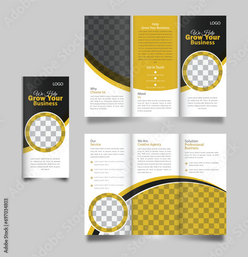 Business Trifold Brochure Design Template. Modern, Eye Catching And Professional Vector Design. Simple And Clean Layout With Yellow Accent. 