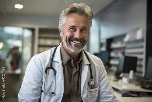 Portrait of a friendly middle-aged European doctor in overalls with a stethoscope around his neck