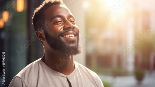 African middle aged smiling man in trendy casual clothes head shot portrait. Positive happy guy feels optimistic. Handsome confident mature good looking male laughing feeling excited close up shot..