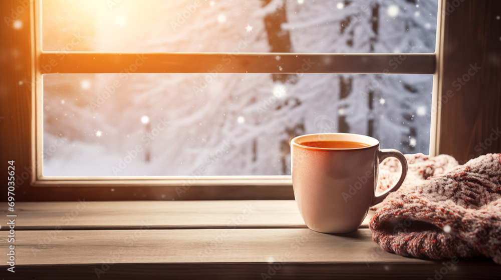 Cozy winter mittens and hot cocoa mug on a wooden table, snow outside the window, warm and inviting, soft lighting Cozy winter mittens and hot cocoa mug on a wooden table, snow outside the window, warm and inviting, soft lighting
