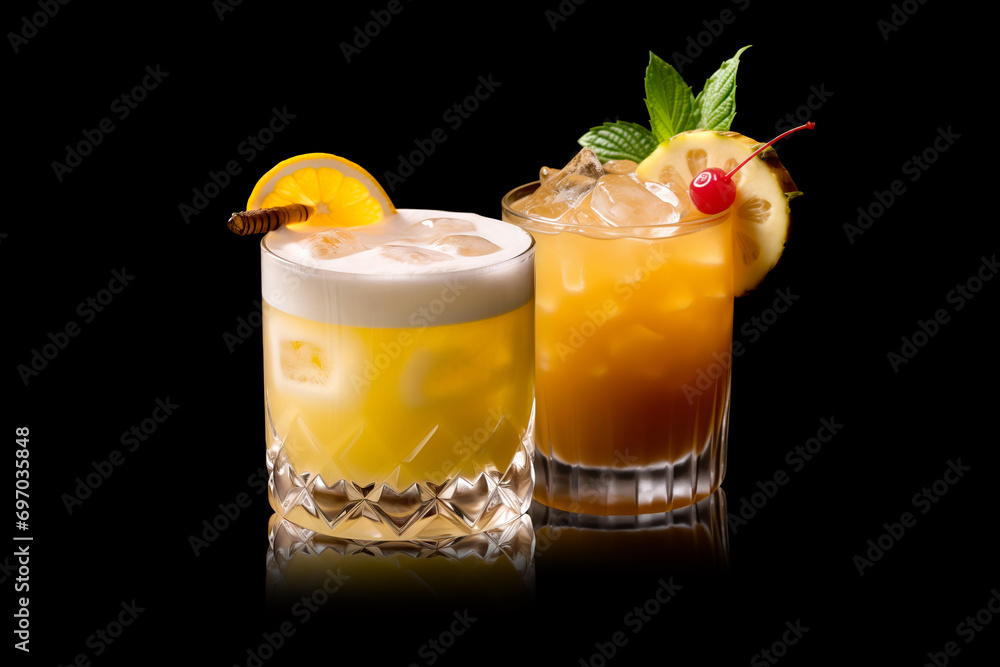 Set of Whiskey Sour and Old Fashioned cocktail garnished with a lemon in rocks glass on white background Set of Whiskey Sour and Old Fashioned cocktail garnished with a lemon in rocks glass on white background