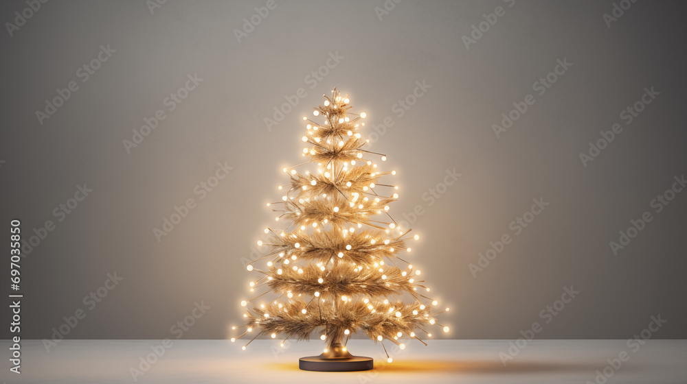 Christmas tree with white lights and minimal decorations, against a plain background Christmas tree with white lights and minimal decorations, against a plain background