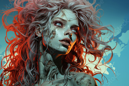 female zombie, close-up portrait. undead, drowned, ghoul girl. negative character. colorful illustration. photo