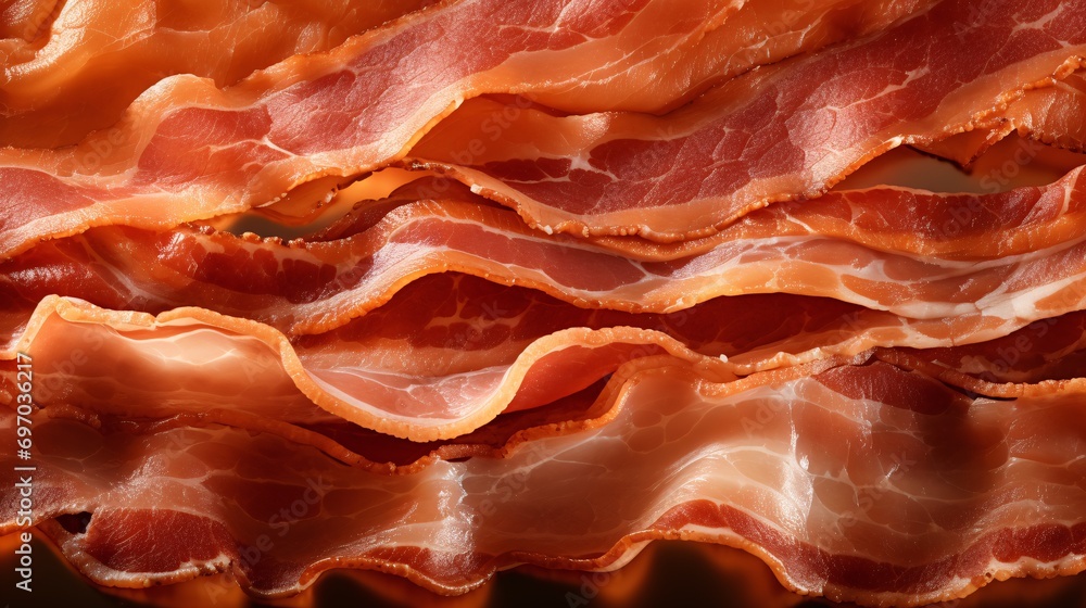Sizzling Aroma: Close-Up Texture of Bacon with Rich Color and Detail Sizzling Aroma: Close-Up Texture of Bacon with Rich Color and Detail