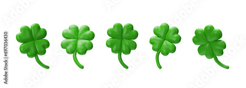 3D render set of clovers. Saint Patrick's Day symbol of luck. Green shamrock variation for celebration. Irish traditional objects in collection for holiday. Celtic vector spring floral plant. photo