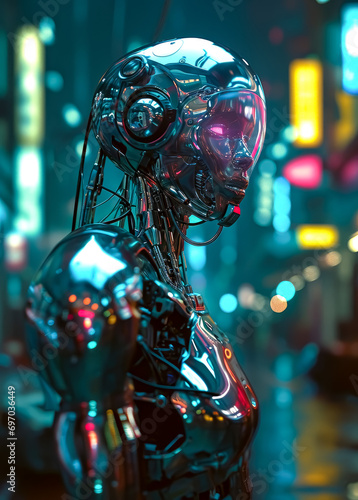 Realistic beautiful Sci-Fi Portrait of android or robot standing in cinematic lighting.  © Saulo Collado