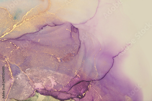 Alcohol ink and watercolor blot. Art Smoke abstract beige, violet and gold glitter color background. Marble texture.
