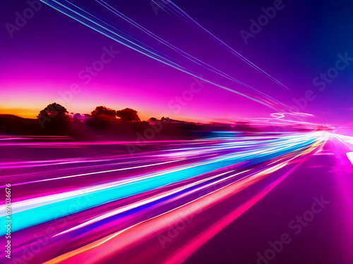 3d render abstract picture of colorful light trails crossing twilight sky with fast motion
