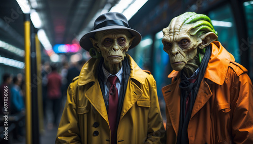 Obraz na płótnie Two ancient aliens ride on a train.