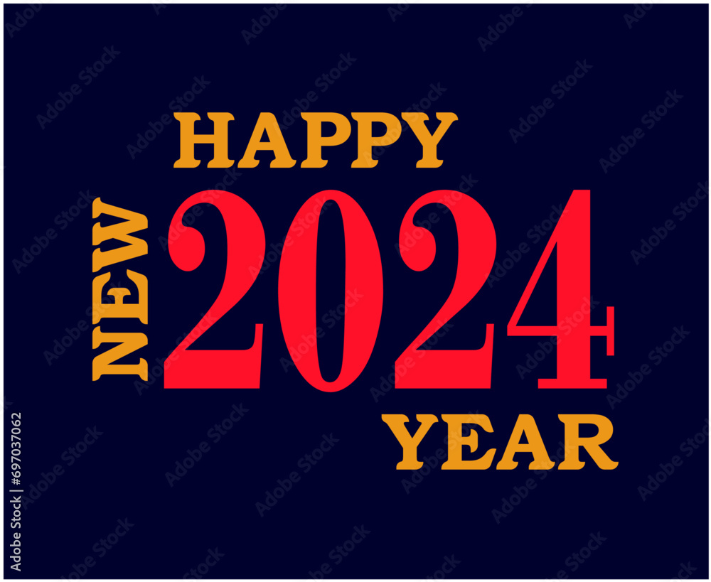 Happy New Year 2024 Abstract Red And Yellow Graphic Design Vector Logo Symbol Illustration With Blue Background