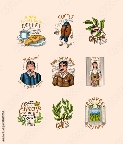 Set of coffee in vintage style. Woman and man with a cup of drink. Vintage badge or logo set for t-shirts, typography, shop or signboards. Beans and leaves. Hand Drawn engraved sketch. 