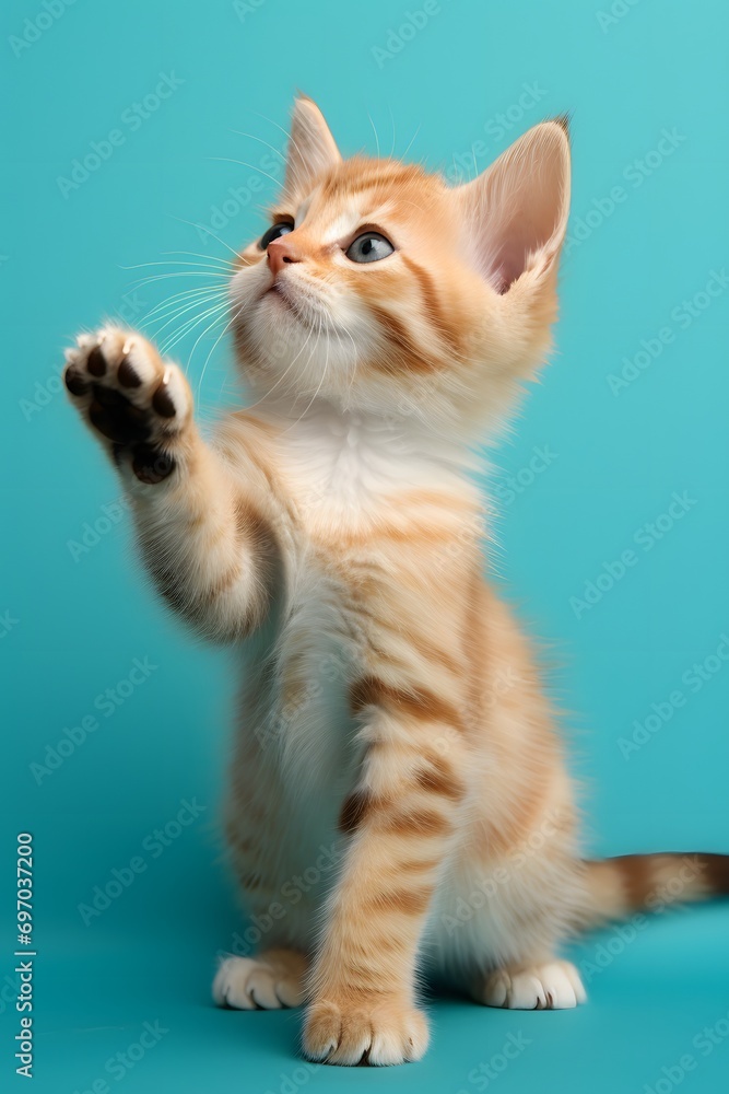 a kitten reaches up with its paw