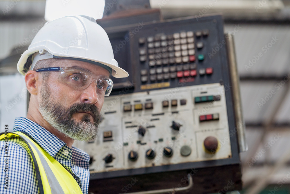 Staff or technicians are checking the operation of the old machine. Young man operation of the old machine via the remote. Staff or technicians are checking the operation of the old machine. Young man operation of the old machine via the remote.