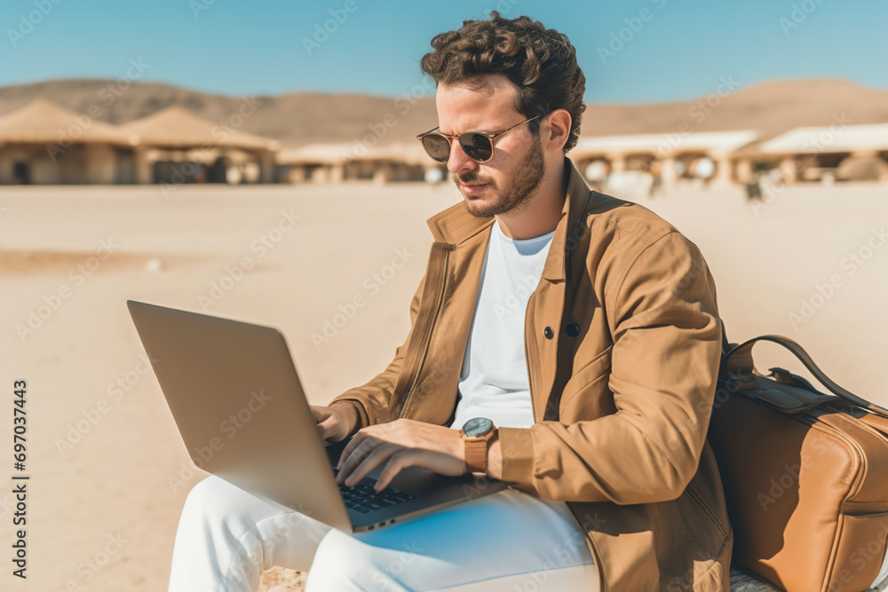 A man programmer sitting on a chair using a laptop. Coding and work remote outdoor in the desert.