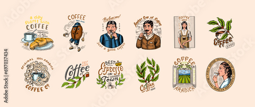 Set of coffee in vintage style. Woman and man with a cup of drink. Vintage badge or logo set for t-shirts, typography, shop or signboards. Beans and leaves. Hand Drawn engraved sketch. 