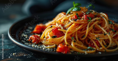 spaghetti on a plate on black background photo