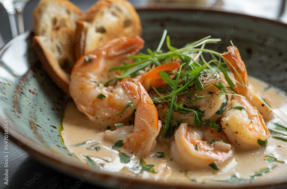 shrimp scampi dish with bread sticks and fresh herbs shrimp scampi dish with bread sticks and fresh herbs