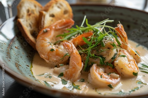shrimp scampi dish with bread sticks and fresh herbs