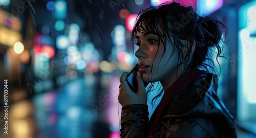 portrait of a woman talking on a cell phone in the nighttime