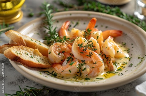 shrimp scampi dish with bread sticks and fresh herbs