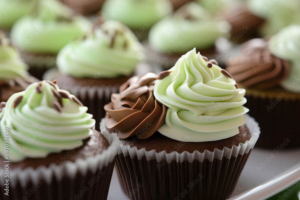 chocolate cupcakes in a row in pastel green, beige, brown tones.