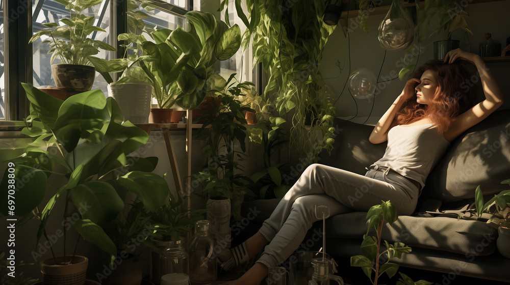 Plant lady resting and sipping team in her plant Plant lady resting and sipping team in her plant