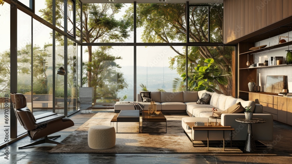 Fototapeta premium Contemporary Luxury Living Room with Panoramic Windows and Cosy Furniture