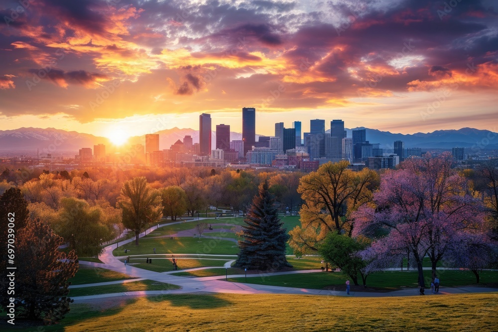 Denver City Park: Morning Glow over Mountains and Skyline - obrazy, fototapety, plakaty 